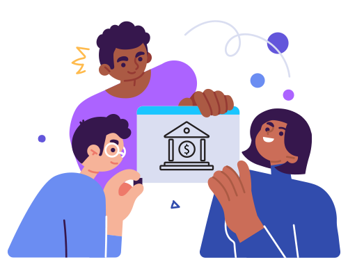 Illustration of three people with two people holding a sign with a bank on it